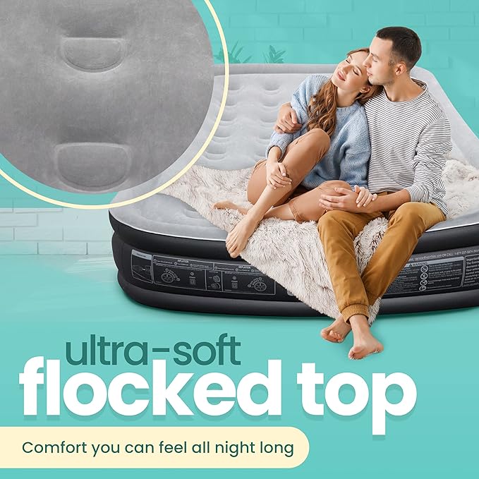 EZ INFLATE Air Mattress with Built in Pump - Full Size Double-High Inflatable Mattress with Flocked Top - Easy Inflate, Waterproof, Portable Blow Up Bed for Camping & Travel