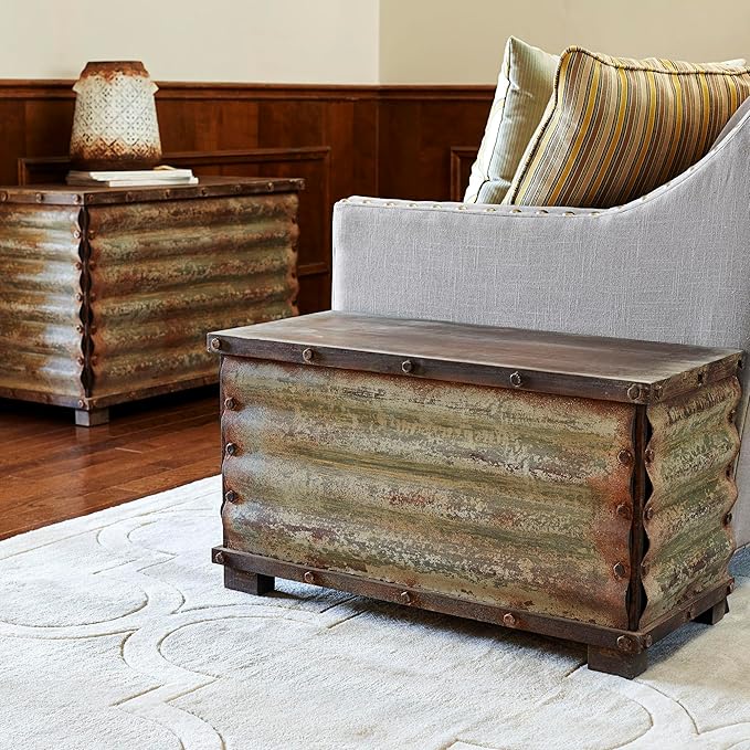 Household Essentials Decorative Trunk, Rustic, Large, Wood Frame and Metal Siding, Spacious and Handmade, Fully Opening Lid, Black Interior, Driftwood and Silver