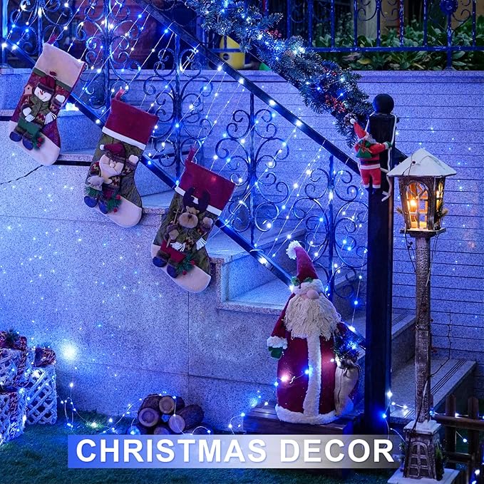 JMEXSUSS 2 Pack 100 LED Blue and White Fairy Lights Battery Operated, 33ft Blue and White Christmas Lights with Remote, 8 Modes Battery Powered Twinkle String Lights for Bedroom Christmas Tree Decor