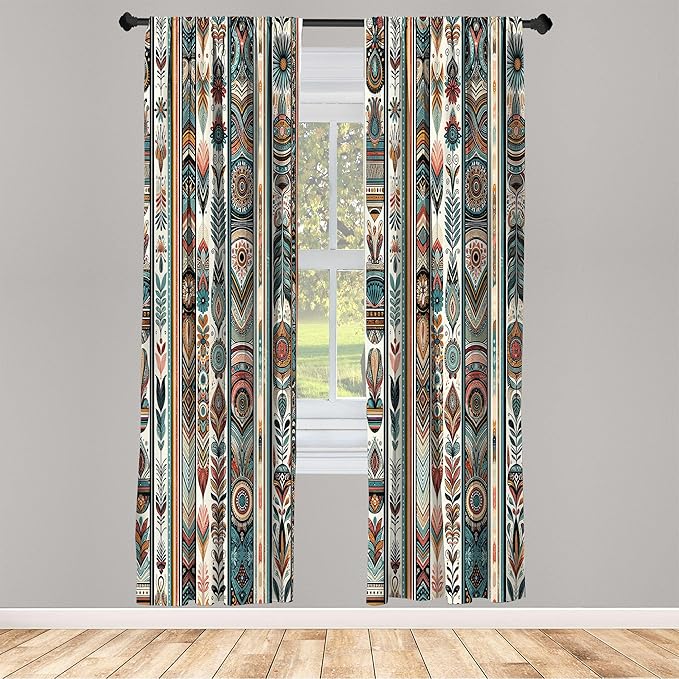 Ambesonne Ethnic Window Curtains Pack of 2, Folkloric Style Floral Ornaments with Bohemian Oriental Motifs as Stripes, Lightweight Set with Rod Pocket, 4 Panels of - 28" x 95", Teal Coral and Orange