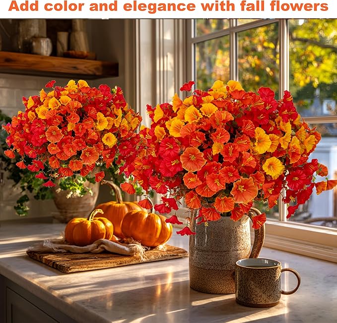 Artificial Fall Flowers Outdoor Fake Mums - 16 Bundles Fake Plants UV Resistant No Fade Faux Plastic Greenery Garden Morning Glory Home Decor (1, MixedFall 4 Colors)