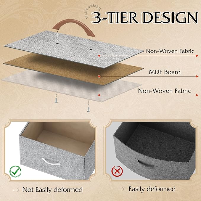 WLIVE Fabric Dresser for Bedroom, Tall Dresser with 8 Drawers, Storage Tower with Fabric Bins, Double Dresser, Chest of Drawers for Closet, Playroom, Dormitory, Light Grey