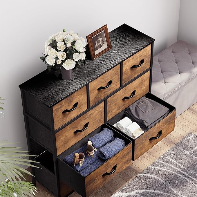 YITAHOME Dresser for Bedroom with 9 Drawers - Fabric Storage Tower, Tall Chest Organizer Unit for Living Room, Entryway, Closets with Sturdy Steel Frame, Wooden Top, Brown
