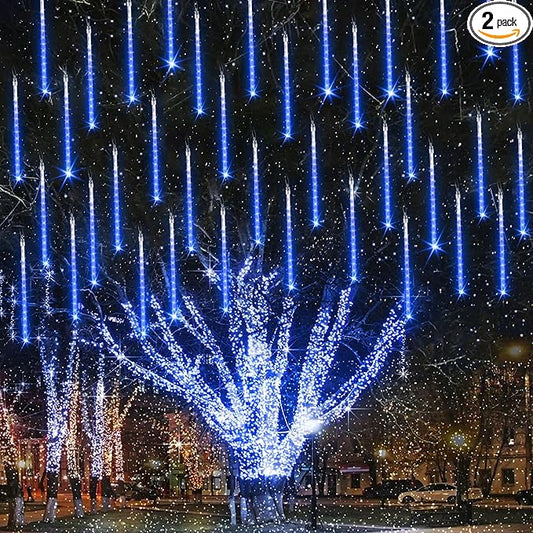 Joomer 2Pack Christmas Lights Outdoor, 11.8 inch 10 Tubes 240 LED Meteor Shower Lights, LED Falling Icicle Cascading Light with Timer Waterproof and Connectable for Christmas Decoration (Blue)