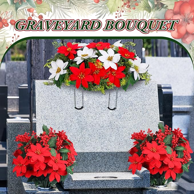 Christmas Cemetery Decorations for Grave Headstone Flower Saddle Artificial Flower Saddles Red Poinsettia Outdoor Memorial Headstone Realistic Bouquet(Vivid Color,Vivid Style)