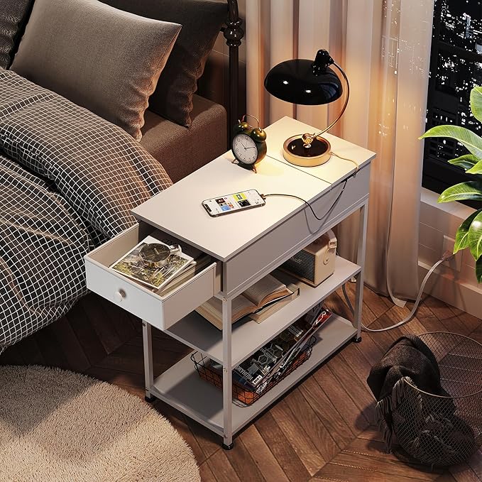 WLIVE Narrow Side Table with Charging Station, Couch Side Table for Living Room, Narrow End Table for Bedroom with Fabric Drawer, USB Ports and Power Outlets, Samll Nightstand Bedside Tables, White