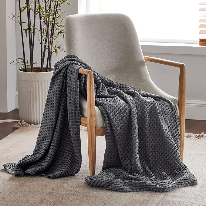 Bedsure Cooling Cotton Waffle Weave Blanket - Lightweight Breathable Blanket of Rayon Derived from Bamboo for Hot Sleepers, Luxury Throws for Bed, Couch and Sofa, Dark Grey, 50x70 Inches