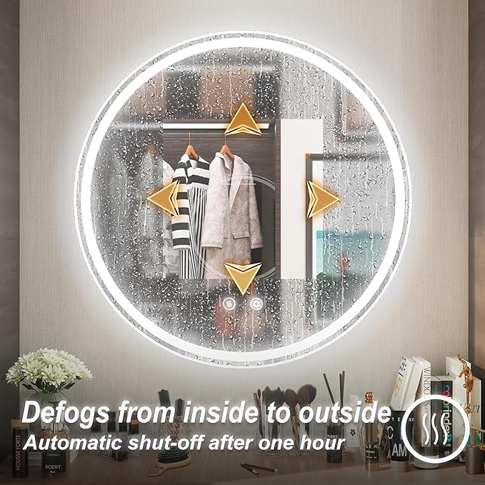 28 Inch Round LED Bathroom Mirror, Front & Backlit Lighted Bathroom Mirror Wall Mounted, 6000K Daylight, Dimmable, Anti-Fog, CRI 90+