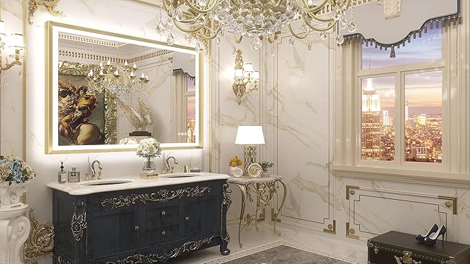 TETOTE Gold LED Bathroom Mirror with Lights 40x32 Front & Back Light Vanity Framed Mirror Baroque Anti Fog Dimmable White/Warm/Natural,CRI90+,Waterproof,Wall Mounted(Horizontal/Vertical)