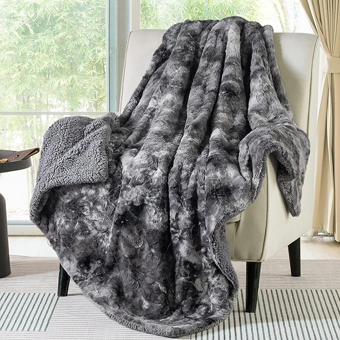 Bedsure GentleSoft Sherpa Fluffy Blanket Twin Size - Fleece Warm and Cozy Throw for Women Gift, Plush & Fuzzy Faux Fur Christmas Blanket for Couch, Sofa, Bed Decor, Tie Dye Design, Grey, 60x80 Inches