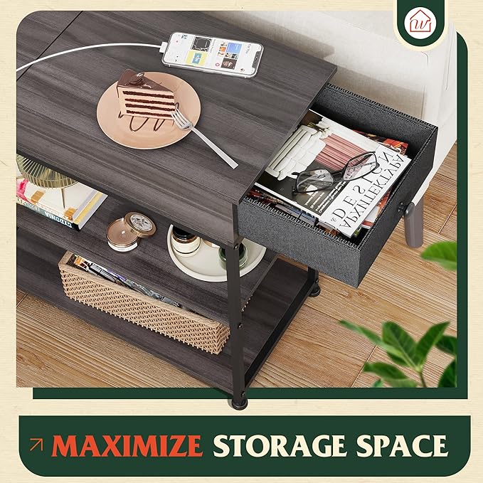 WLIVE Small Side Tables with Charging Station, Narrow End Table for Bedroom/Living Room, Sofa Couch Side Table with Storage for Small Spaces, Home Office, USB Ports and Outlets, Grey