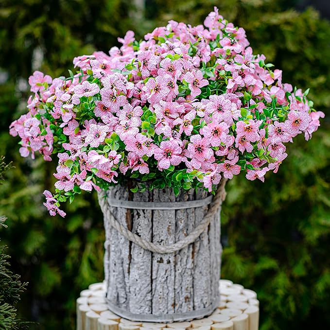 Artificial Flowers for Outdoors Fake Plants - 16 Bundles Faux Outside Greenery Boxwood No Fade Plastic Shrubs Fall Decor Farmhouse Home Garden Thanksgiving Mums (Pink)