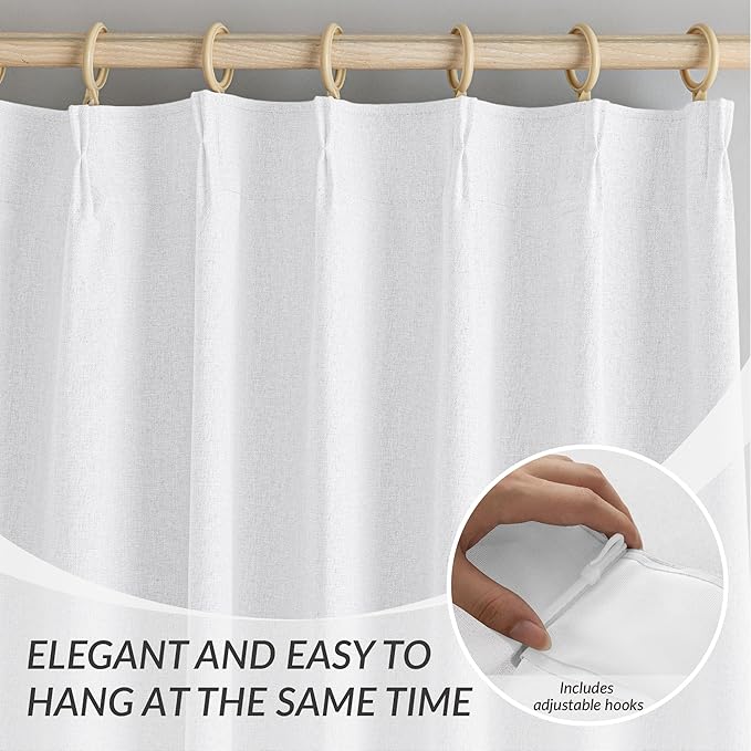 KangBang 2 PCs Pinch Pleated Linen Blackout Curtains 108 Inches Long, Pinch Pleat Drapes for Living Room with Hooks, Thermal Insulated Long Window Treatments for Villa, Pure White,40W x 108L