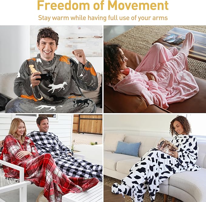 Catalonia Wearable Fleece Blanket with Sleeves and Foot Pockets for Adult Women Men, Micro Plush Comfy Wrap Sleeved Throw Blanket Robe Large, Taupe Horse