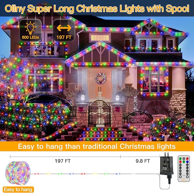 Ollny Christmas Lights Outdoor 600LED 197FT, Multicolor Christmas Tree Lights IP67 Waterproof, Plug in Fairy Lights with Remote 8 Modes Timer, Xmas Light for Indoor House Holiday Decor