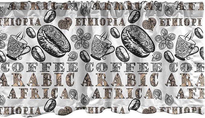 Ambesonne Modern Window Valance, Coffee Beans with Ornamental Words Ethiopians Pattern, Curtain Valance for Kitchen Bedroom Decor with Rod Pocket, 42" x 12", Sand Brown Black