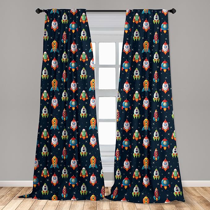 Ambesonne Spaceship Window Curtains, Cartoon Style Space Crafts Flying Through Cosmos Stared Background Astronauts, Lightweight Decor 2-Panel Set with Rod Pocket, Pair of - 28" x 84", Multicolor