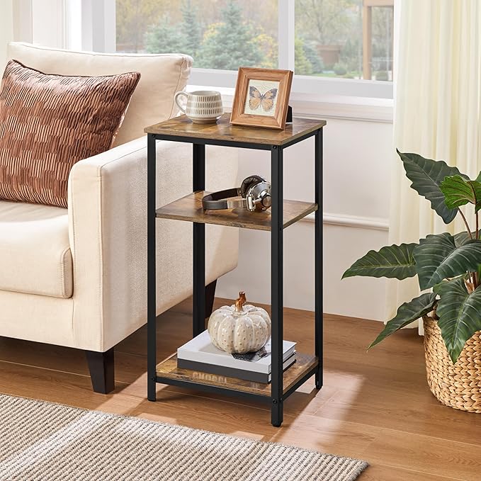 Yaheetech Tall End Table Set of 2, 16x12x29.5 inch Industrial Side Table with Strong Wooden Shelves, 2PCS Slim 3-Tier Telephone Table with Metal Frame for Living Room, Small Places - Rustic Brown