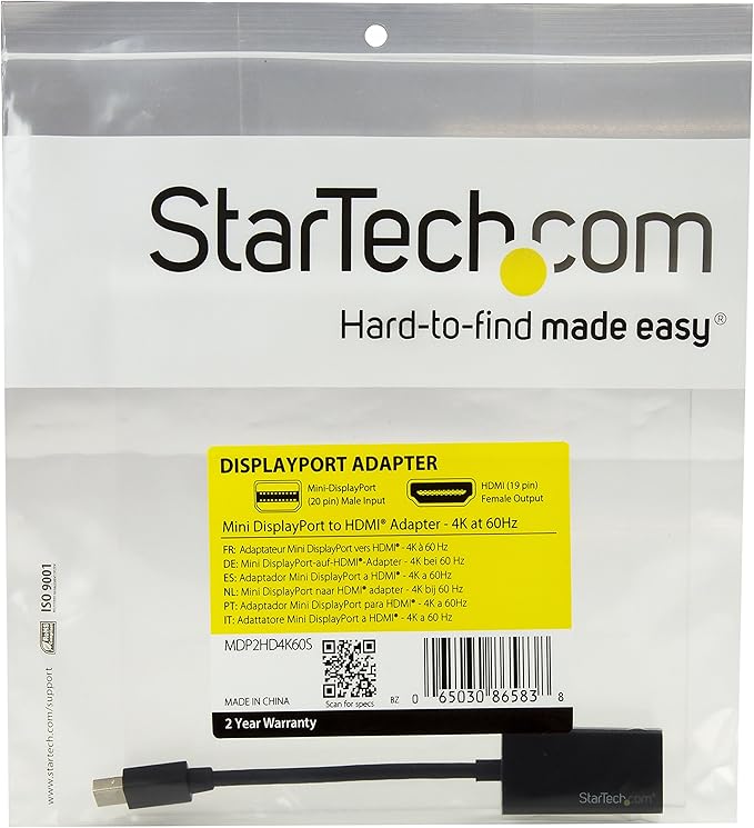 StarTech.com Mini DisplayPort to HDMI Adapter, 4K 60Hz, 1080p 240Hz, Thunderbolt to HDMI Adapter Cable Converter for mDP or Thunderbolt 1 & 2 MacBooks, MacBook Air, Mac Mini, Microsoft Surface Pro 1-6