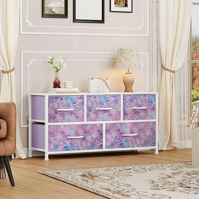 DWVO Dresser with 5 Drawers - Fabric Storage Tower, Organizer Unit for Bedroom, Living Room, Closets - Sturdy Steel Frame, Wooden Top (Purple)