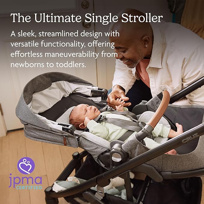 UPPAbaby Cruz V3 Stroller - from Birth + Car Seat Compatible - Full-Size, Reversible Seat - Infant Insert, Bug and Rain Shields Included - Declan (Oat Mélange/Silver Frame/Chestnut Leather)