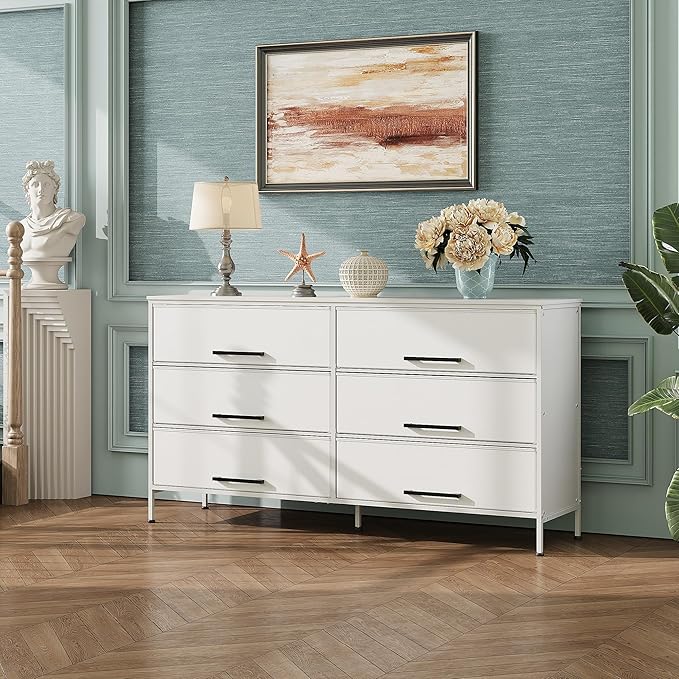 WLIVE White TV Stand for 60, 65, 70 inch TV, Large Entertainment Center with 6 Fabric Drawer, TV Media Console Table with Wood Top, Adjustable Feet for Living Room,
