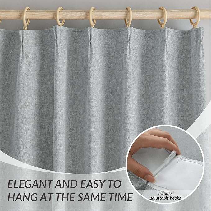 KangBang 95 Inch Pinch Pleated Blackout Curtains for Sliding Glass Door, 60” Wide Pinch Pleat Linen Curtains for Living Room French Door, Privacy Assured Modern Home Decor(60Wx95L, Fog Grey,2 PCs)