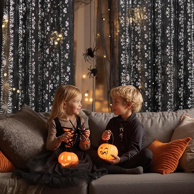 NICETOWN Black Voile Sheer with Glitter Silver Web, Grommet Halloween Spider Pattern for Window Decor, Party & Seasonal Home, W54 x L96, 2 Panels