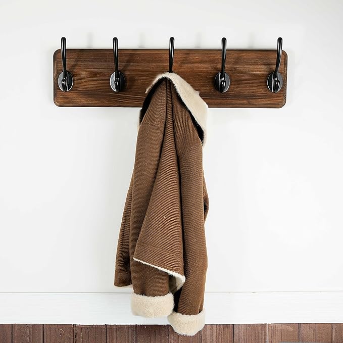 WEBI Coat Rack Wall Mount,Coat Hooks Wall Mounted,16" Hole to Hole,Coat Hanger Wall,Hook Rack Rail,5 Hooks for Hanging Jacket,Clothes,Hats,Rustic Brown