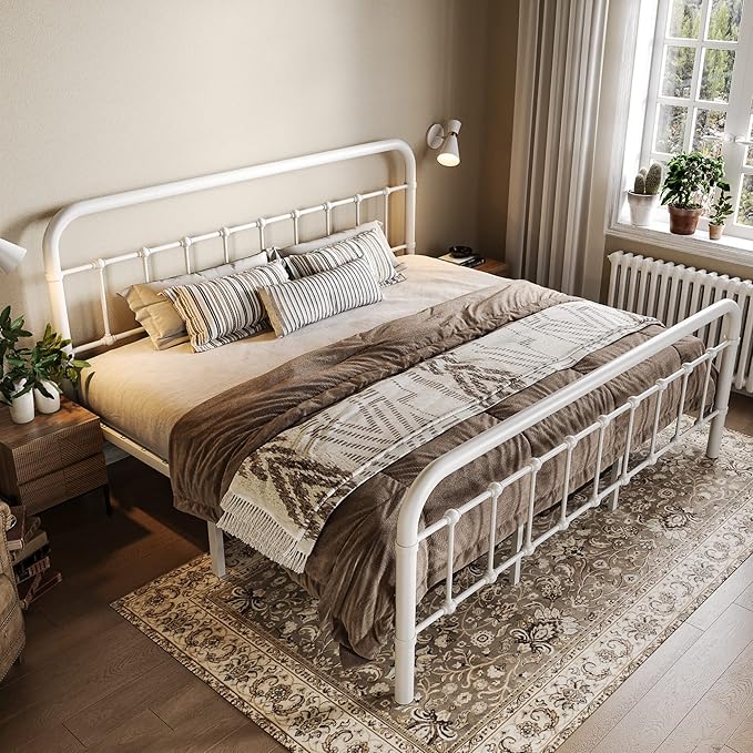 Allewie King Size Metal Platform Bed Frame with Victorian Style Wrought Iron-Art Headboard/Footboard, No Box Spring Required，White