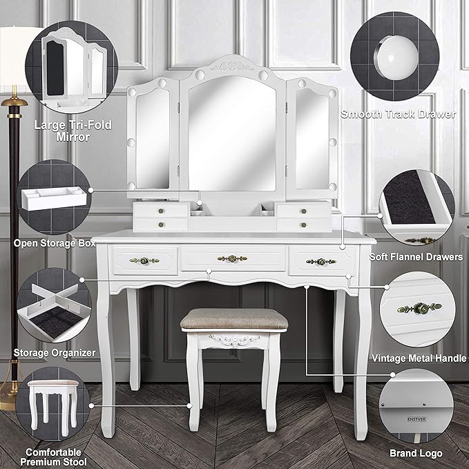 ENSTVER Vintage Vanity Desk with Mirror and Lights, Tri-Folding Mirrors, 6 Organization 7 Drawers Makeup Dress Vanity Table with Cushioned Stool-White
