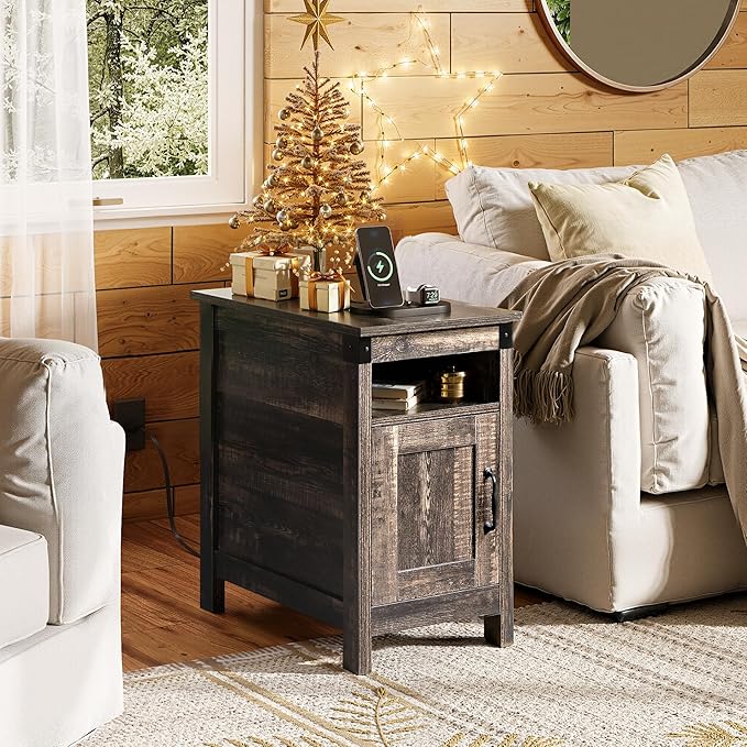 WLIVE End Table with Charging Station, Side Table with USB Ports and Outlets, Narrow Side Table for Small Spaces, Living Room, Couch, Nightstand with Storage, Brown