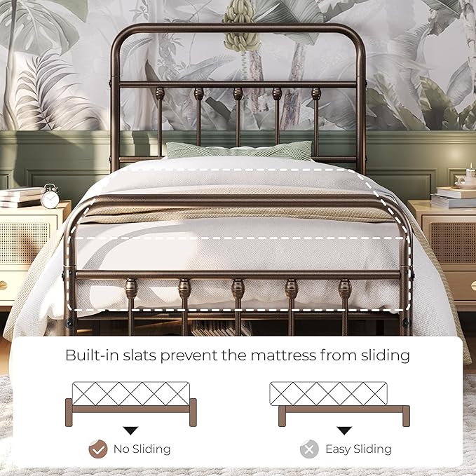Yaheetech Classic Metal Platform Bed Frame Mattress Foundation with Victorian Style Iron-Art Headboard/Footboard/Under Bed Storage/No Box Spring Needed/Twin Size Bronze