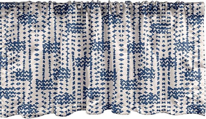 Ambesonne Ethnic Window Valance, Messy Waves and Small Triangles Indonesian Traditional Pattern Watercolors, Curtain Valance for Kitchen Bedroom Decor with Rod Pocket, 42" x 12", Navy Blue and Cream