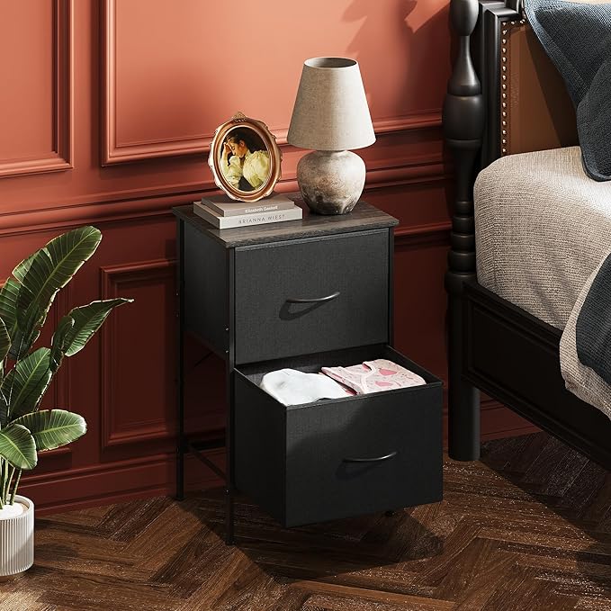WLIVE Nightstand Set of 2, 2 Drawer Dresser for Bedroom, Small Dresser with 2 Drawers, Bedside Furniture, Night Stand, End Table with Fabric Bins for Bedroom, Dorm, Charcoal Black, Size L