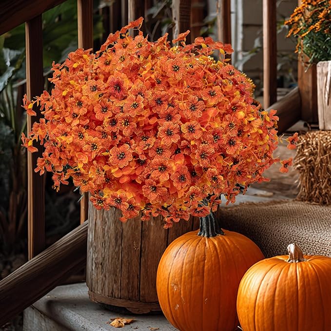 Artificial Fall Flowers Outdoor Fake Mums - 16 Bundles Fake Plants UV Resistant No Fade Faux Plastic Greenery Garden Porch Patio Fall Home Decor (Orangeyellow)