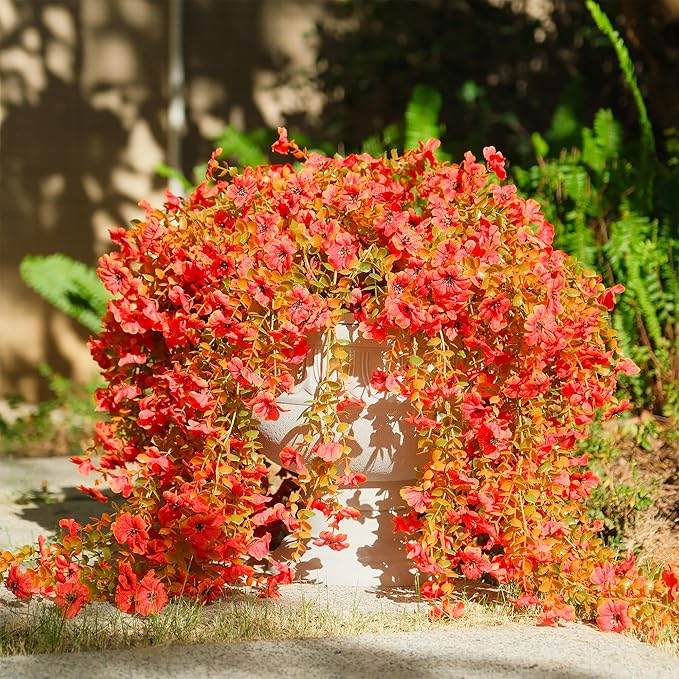 12 Pcs Artificial Hanging Mums Flowers Outdoor, Orange UV Resistant Fake Hanging Fall Plants for Outdoor Planter Patio Front Door Window Autumn Decoration (12, Orange)