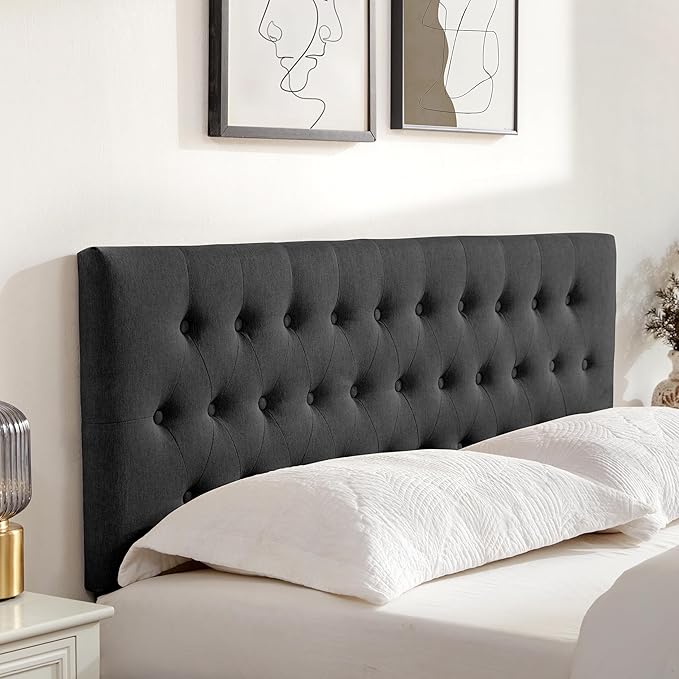 Tufted Upholstered Headboard California King Size, Solid Wood Head Board with Durable Metal Legs, Adjustable Height Bed headboard from 37” to 51” Fabric Headboard in Button Design, Black