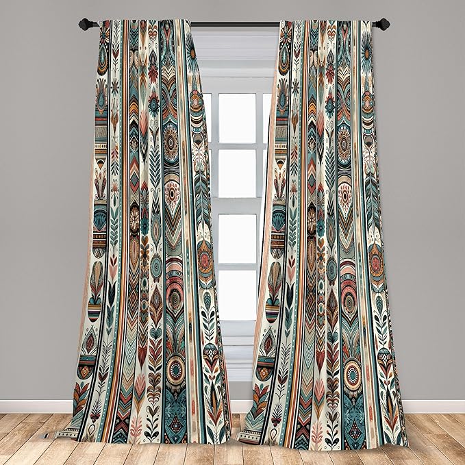 Ambesonne Ethnic Window Curtains Pack of 2, Folkloric Style Floral Ornaments with Bohemian Oriental Motifs as Stripes, Lightweight Set with Rod Pocket, 4 Panels of - 28" x 95", Teal Coral and Orange