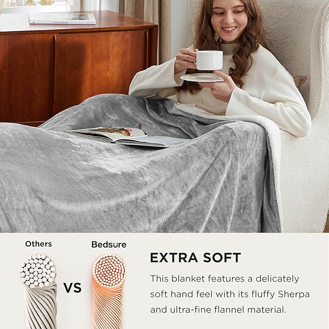 Bedsure GentleSoft Sherpa Fleece Oversized Cal King Blankets for Bed - Thick and Warm Throw for Women and Men, Soft Fuzzy Plush Large Blanket for Winter, Light Grey, 112x98 Inches