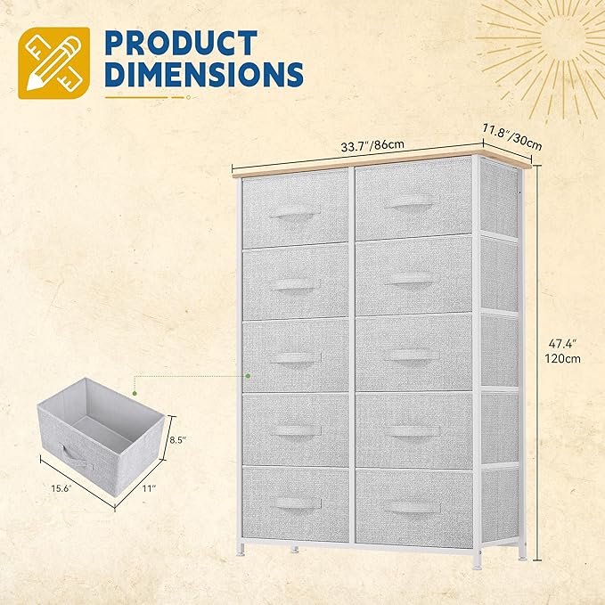DWVO 10 Drawers Dresser, Fabric Dresser, Fabric Storage Tower, Organizer Unit for Room, Living Room, Hallway, Closets