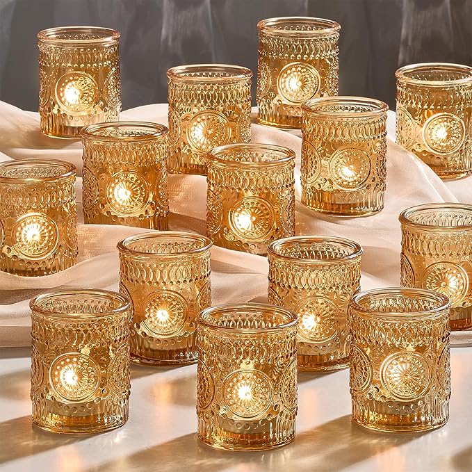 30 Pack Clear Glass Votive Candle Holders, Vintage Candle Holder Bulk, Tealight Candle Holders for Table Centerpieces, Home, Bridal Shower, Birthday, Christmas, Thanksgiving Party Table Decor (Gold)