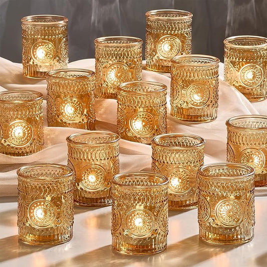 30 Pack Clear Glass Votive Candle Holders, Vintage Candle Holder Bulk, Tealight Candle Holders for Table Centerpieces, Home, Bridal Shower, Birthday, Christmas, Thanksgiving Party Table Decor (Gold)