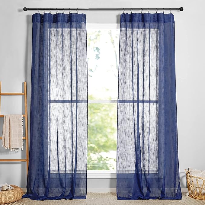 RYB HOME Semi Sheer Curtains - Linen Textured Sheer Light Glare Filter Extra Long Curtains Backdrop for Living Room Patio Door French Door Wall Decor, Navy Blue, 52 x 120 in per Panel, 1 Pair