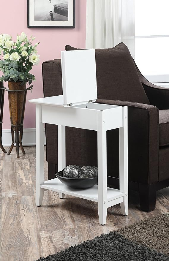 Convenience Concepts American Heritage Flip Top End Table 23.25" - Classic Narrow Chairside Accent with Hidden Storage & Lower Shelf for Traditional, Modern Living Room, White