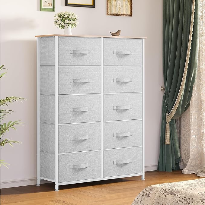 YITAHOME 10 Drawer Dresser - Fabric Storage Tower, Organizer Unit for Bedroom, Living Room, Hallway, Closets - Sturdy Steel Frame, Wooden Top & Easy Pull Fabric Bins (Cool Gray)