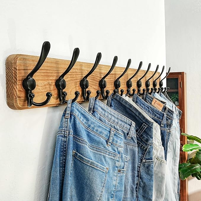 Dseap Coat Rack Wall - Heavy-Duty 38-1/4" Long, with Reinforced 10 Custom Tri-Hooks, Solid Wood Wall Hanger for Coats Hat Jackets - Rustic Farmhouse Entryway Storage,Weathered Brown & Black,Pack of 2