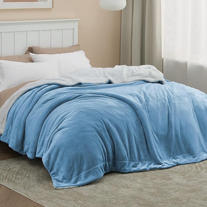Bedsure GentleSoft Sherpa Fleece Blankets Queen Size for Bed - Thick and Warm Throw for Women and Men, Soft Fuzzy Plush Queen Blanket for Winter, Washed Blue, 90x90 Inches