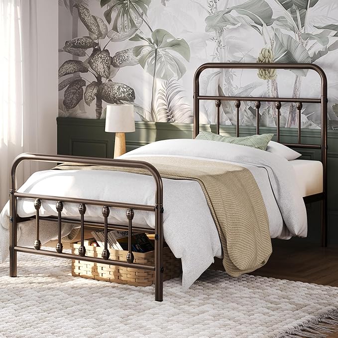 Yaheetech Classic Metal Platform Bed Frame Mattress Foundation with Victorian Style Iron-Art Headboard/Footboard/Under Bed Storage/No Box Spring Needed/Twin Size Bronze