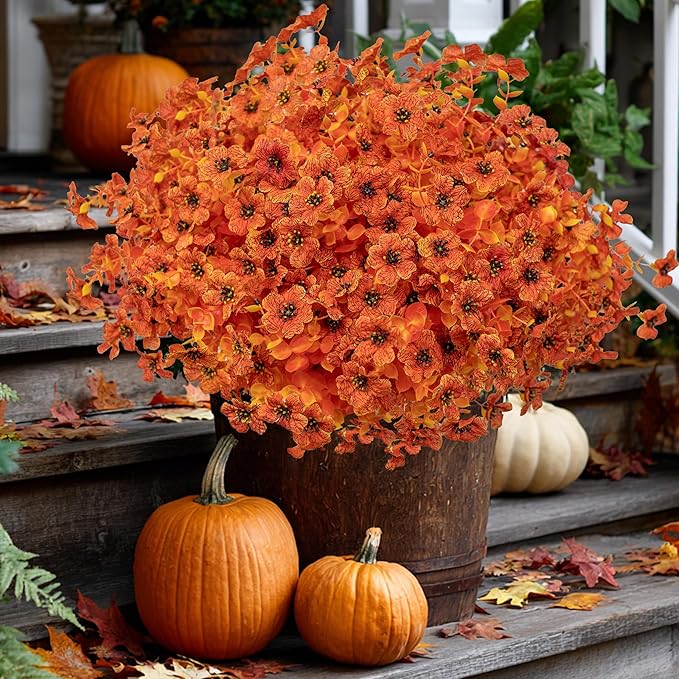 Artificial Fall Flowers Outdoor Fake Mums - 16 Bundles Fake Plants UV Resistant No Fade Faux Plastic Greenery Garden Porch Patio Fall Home Decor (Orangeyellow)